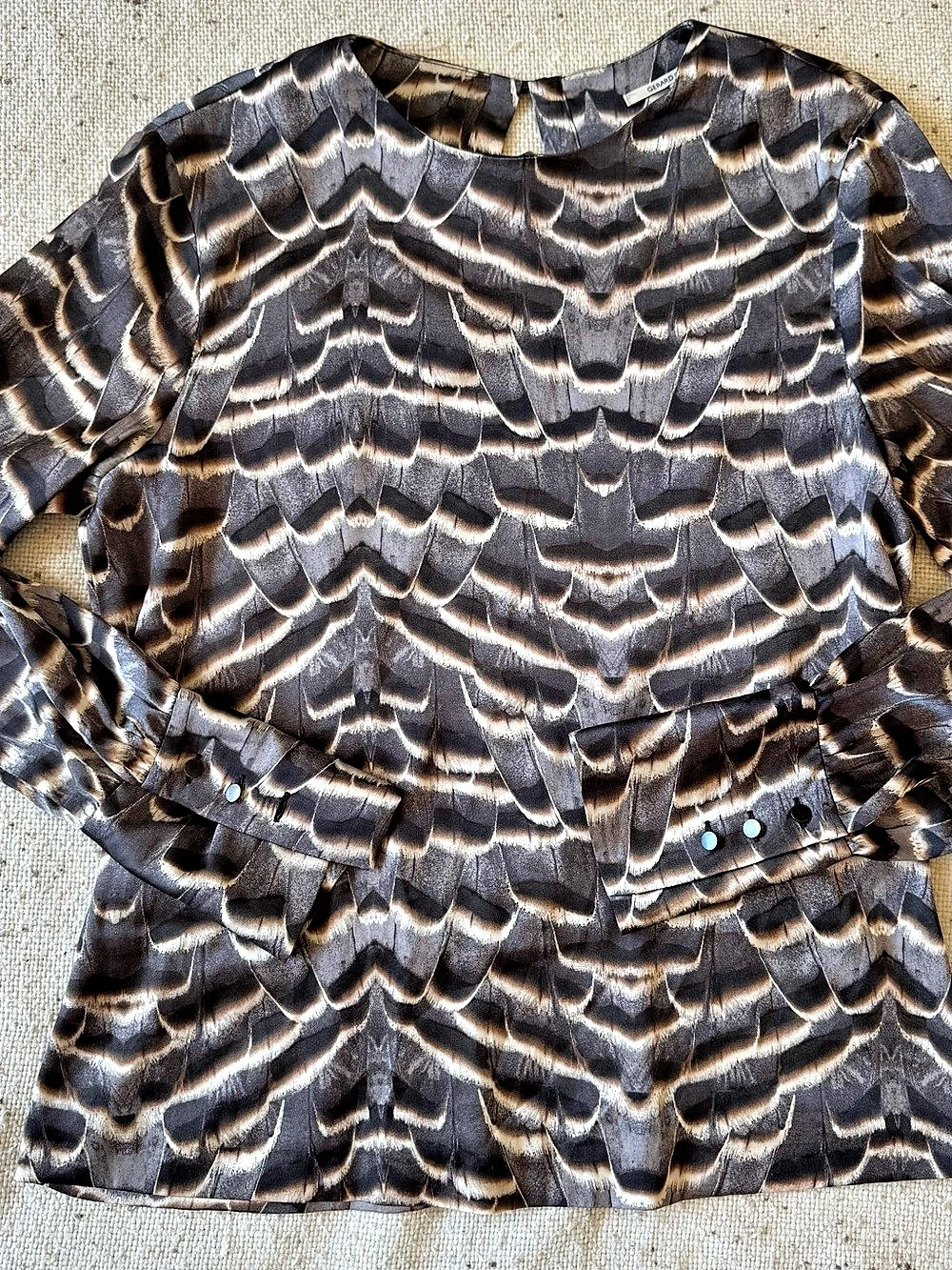 Gerard Darel Feather Print Blouse Size 38 Brown Gray Long Sleeve Designer Top